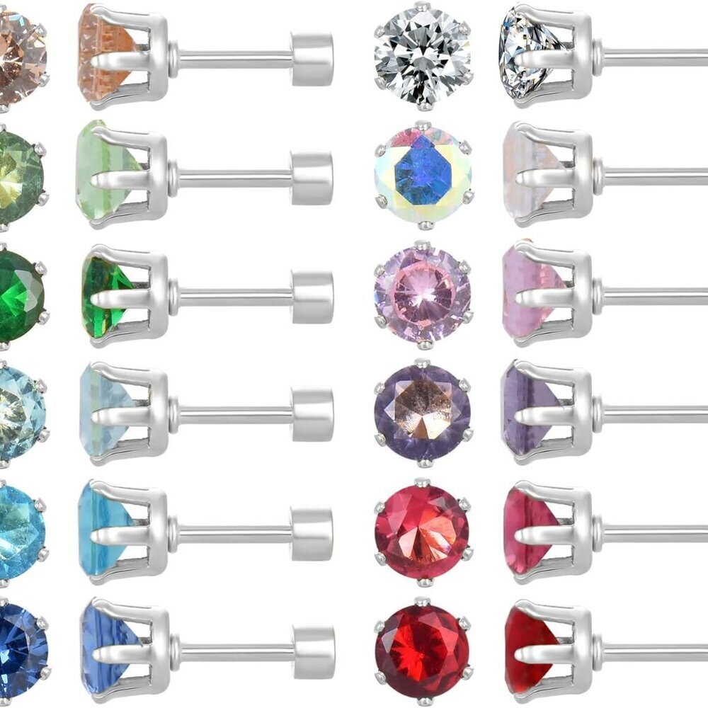 12 Pairs Silver 6mm CZ Stud Earrings Set with Screw Back for Women
